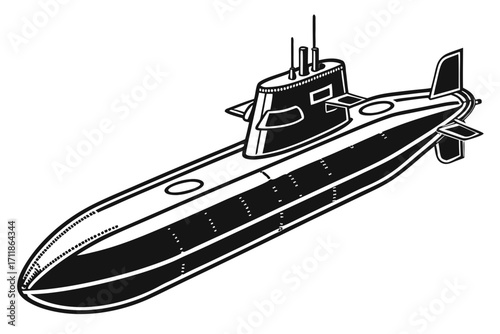 Black and White Illustration of a Submarine.