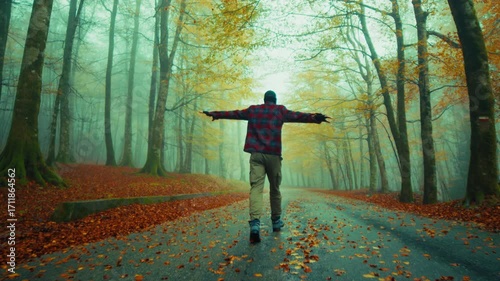 Happy Man Running In On The Street In The Autumn wood 