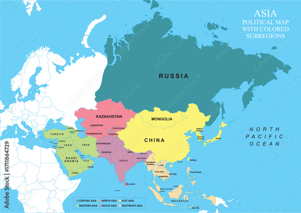 Fototapeta premium Asia Political Map with Colored Countries and Subregions – Central, East, North, South, Southeast, and Western Asia