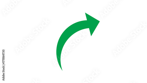 Isolated forward-pointing green arrow arches dynamically upward on a black background.