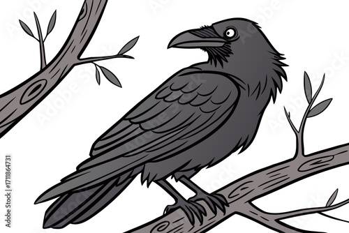 Black Raven Perched on a Bare Tree Branch.