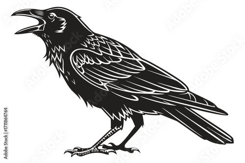 Black Raven Silhouette with Open Beak.