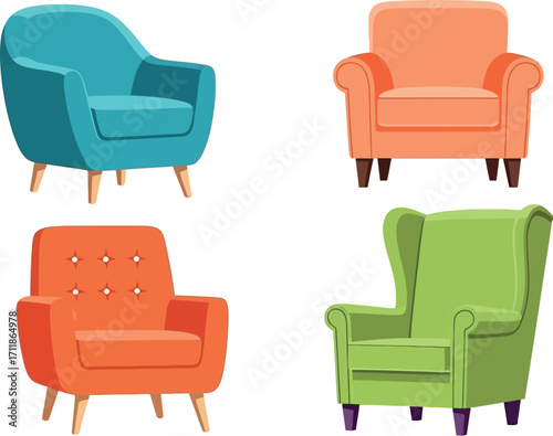 Collection of colorful, modern armchairs in various styles, perfect for interior design concepts.