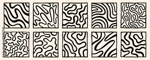 Abstract black white illustrations groovy patterns set. Square framed templates. Twisted liquid lines, fluid curved organic winding stripes maze backgrounds, hand drawn doodle uneven separate frames.