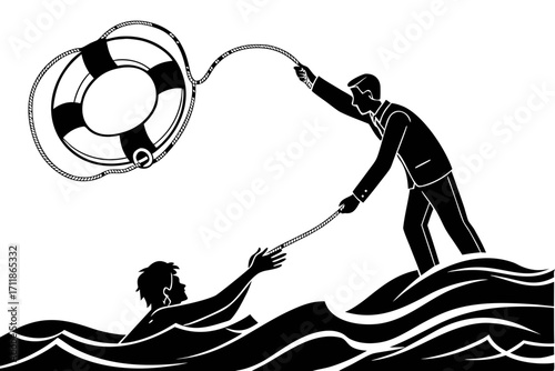 Businessman throws life preserver to drowning person.
