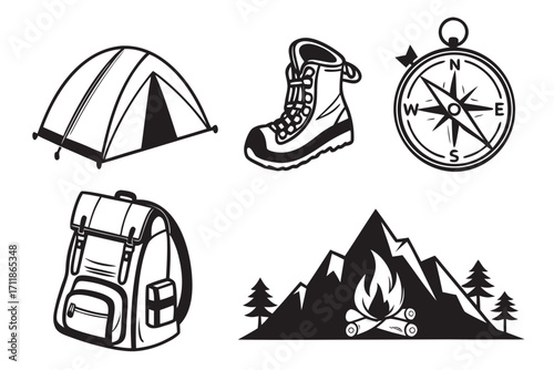 Camping and Hiking Adventure Gear Icons 1.