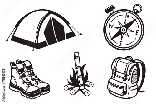 Camping and Hiking Gear Icons Collection.
