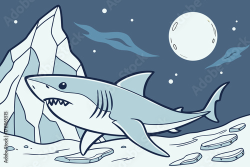 Cartoon Great White Shark Swimming Near Iceberg Under Moon.