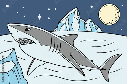 Cartoon Shark Swimming in Icy Arctic Waters.