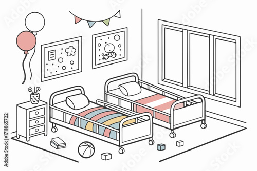 Childrens Hospital Room with Beds and Toys.