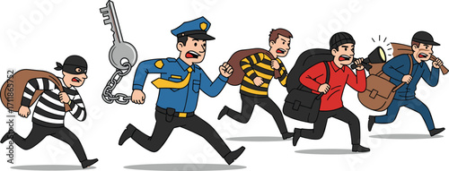 Police chasing thieves, robbery escape, cartoon illustration, crime scene, burglar running, law enforcement pursuit, stolen goods, criminal activity, justice, security concept