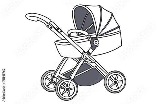Classic Baby Stroller Line Art Illustration.