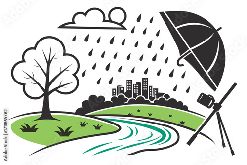 Cityscape under umbrella during rain shower.