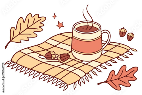 Cozy Autumn Scene with Hot Drink and Leaves.