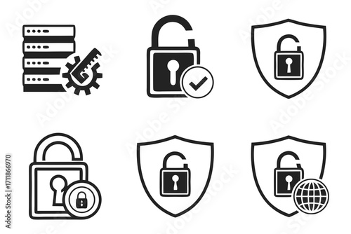 Cybersecurity Icons Server Locks Shields and Globe.