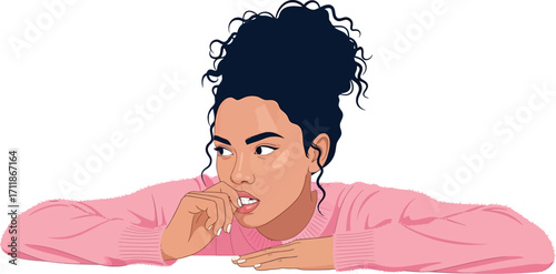 Young woman biting nails anxiously, looking away with worry