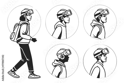 Diverse People Wearing VR Headsets and Backpacks.