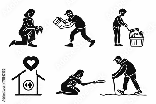Diverse People Helping Others and Community Support Icons.