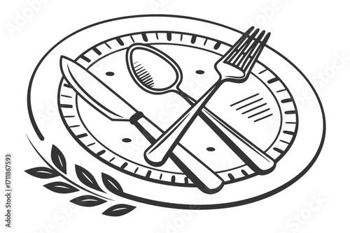 Elegant Plate with Crossed Utensils and Laurel Wreath.