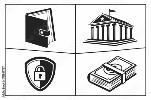 Financial Icons Wallet Bank Security Money Stack.