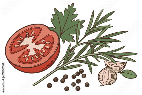 Fresh Tomato Garlic Herbs and Peppercorns.