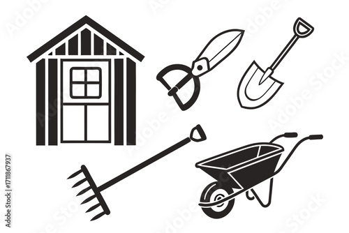 Garden Shed and Tools Icon Set.