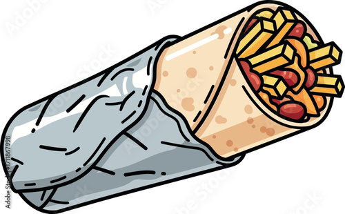 Hearty and delicious burrito wrapped in foil, bursting with savory fillings and crispy fries.