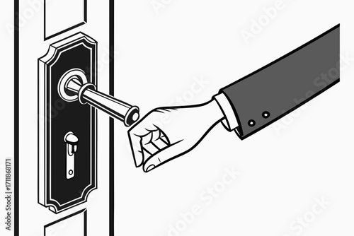 Hand Turning Door Knob to Open Door.