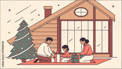 Cozy Family Moment Wrapping Christmas Gifts at Home During Holiday Season, Flat Illustration