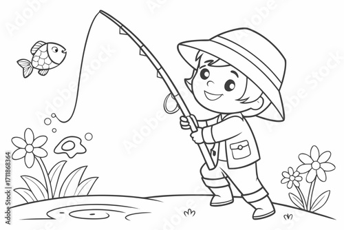 Happy child fishing with a fish on the line.