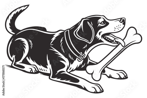 Happy Dog Holding a Bone in Mouth.