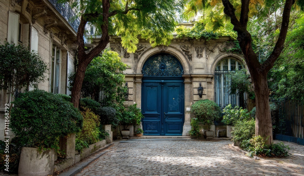 Obraz premium Cobblestone Courtyard with Teal Door
