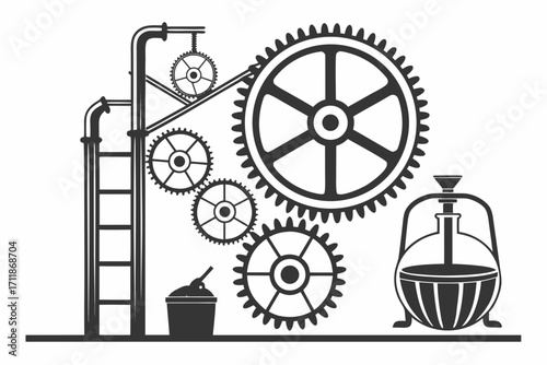 Industrial Machine Gears and Equipment Illustration.