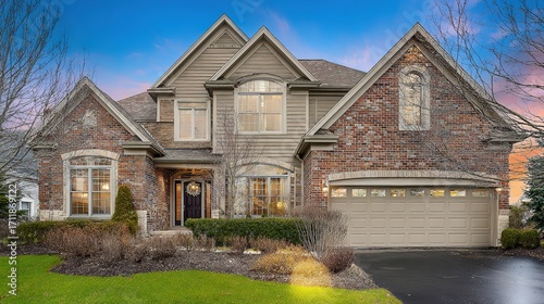Elegant suburban home with brick and siding textures, manicured lawn and pathway lighting, bathed in golden sunlight - timeless charm and modern co
