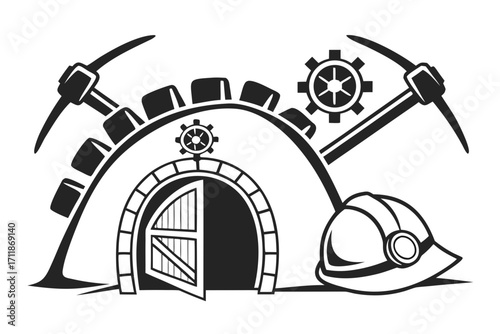 Mining Entrance Pickaxe and Hard Hat Icon.