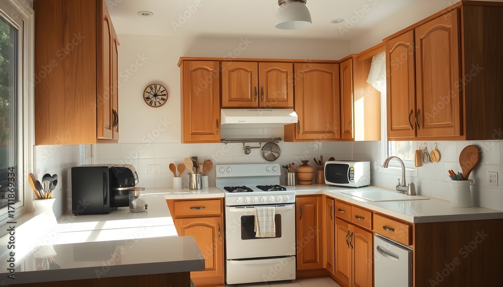 Fototapeta premium A well-lit kitchen featuring wooden cabinets, white countertops, a stove, a sink, and various appliances, creating a warm and inviting domestic scene.