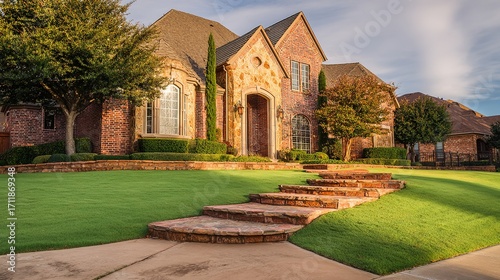 Elegant suburban home with brick and siding textures, manicured lawn and pathway lighting, bathed in golden sunlight - timeless charm and modern co