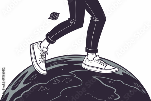 Person walking on planet with Saturn.