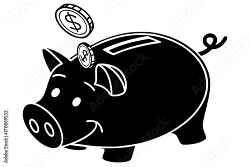 Piggy Bank with Dollar Coins Falling.