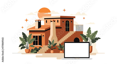 Laptop with blank screen on the background of the house. Flat style vector illustration.