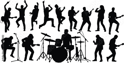 Rock band silhouettes, musicians performing live, guitarist and drummer illustration, music concert scene, rock and roll performance, singer with microphone