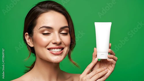 Beautiful young woman with clear skin and radiant smile holding a blank skincare tube against vibrant green background for beauty product promotion and health care branding