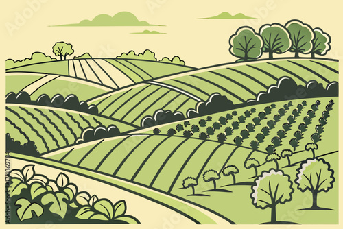 Rolling Green Agricultural Fields and Trees Landscape.
