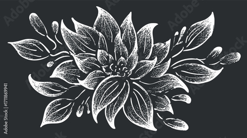 A beautifully detailed black and white illustration of a blooming flower surrounded by leaves.