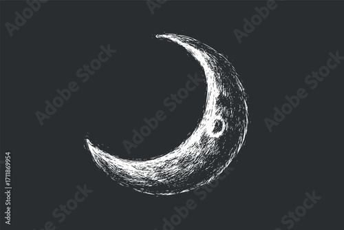 A hand-drawn illustration of a crescent moon against a dark background.