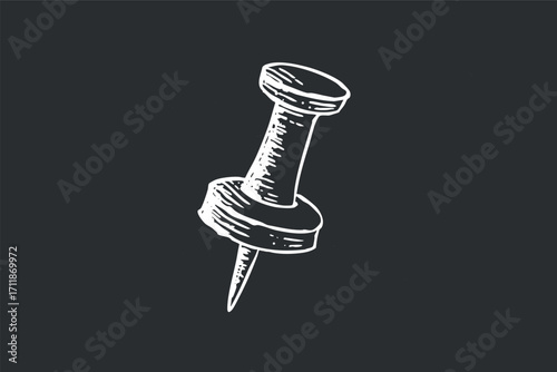 Hand-drawn illustration of a pushpin on a dark background for office and stationery themes.
