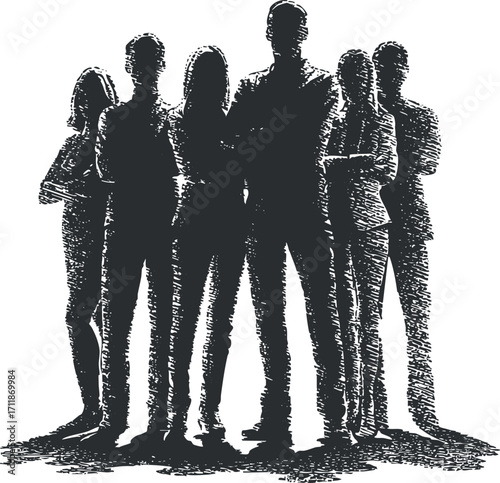 A silhouette of a diverse group of professionals standing confidently together in unity.