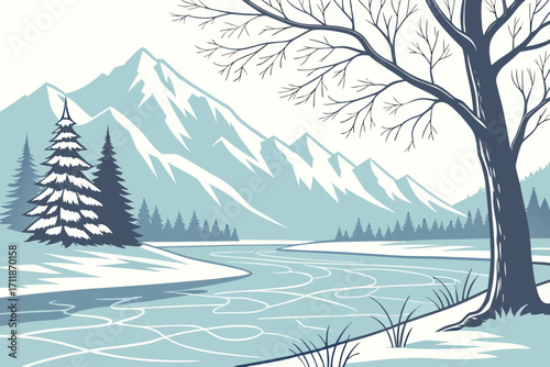Serene Winter Mountain Landscape with Frozen River.