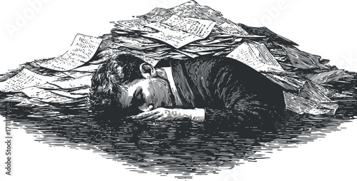 An illustration of a person overwhelmed by paperwork, symbolizing stress and anxiety in the workplace.