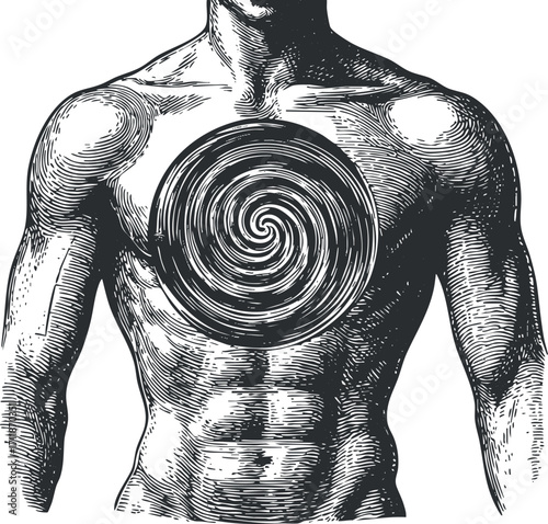 An artistic illustration of a muscular male torso featuring a spiral design on the chest.